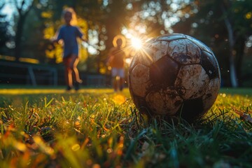 Wall Mural - A worn soccer ball lies in the grass during a captivating sunset while players engage in the background