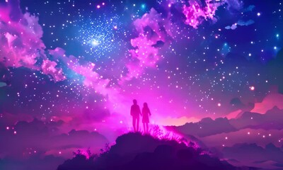 figures of a man and a woman against a cosmic sky. the concept of romance and the universe.