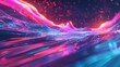A stunning visual of an abstract landscape, composed of glowing particles forming undulating waves in a mesmerizing play of pink and blue lights.