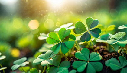 Lucky Irish four leaf clover in field. Green background with shamrocks. St. Patrick's Day holiday