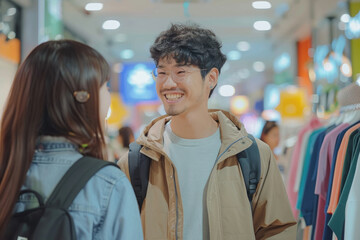 Canvas Print - smiling man asking advice from his girlfriend while buying clothes in shopping mall