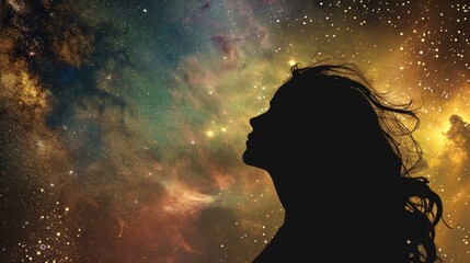 Wall Mural - cosmic metahuman goddess spirit silhouette against a background of galaxies 