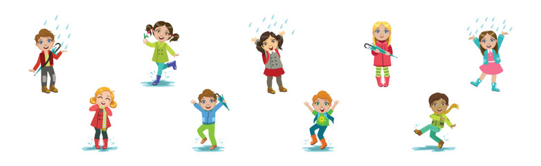 Sticker - Cute Kids in Autumn at Rainy Day in Coat with Umbrella Vector Set