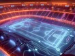 A sports arena where the field is a giant circuit board glowing lines powered by atomic reactions guide the game of the future