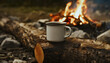 © happyjack29 - Enamel cup of hot coffee on old log by outdoor campfire. Cooking hot drink in nature camping