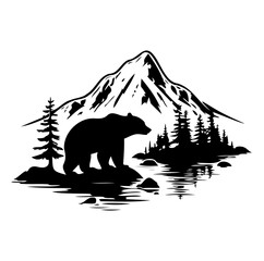 bear in forest with mountain vector illustration