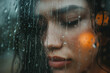 Close-up of a woman's face with tears streaming down her cheeks, window reflection showing a rainy day outside, capturing a moment of sorrow and reflection