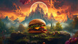 A huge juicy cheeseburger lies in the grass against the background of a full moon and mountains. Fantastic and creative fast food advertising.