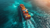 Fototapeta Zwierzęta - A massive cargo ship laden with containers braves the tumultuous sea, cutting through towering ocean waves as a storm looms on the horizon..