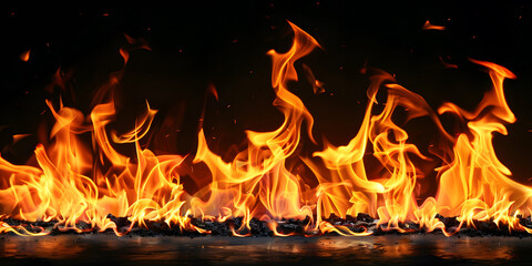 Poster - Fire blazes with intense heat on black background