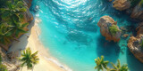 Fototapeta Zwierzęta - Top-down shot capturing the vibrant turquoise sea, white sandy beach, and lush green palm trees..