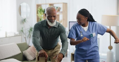 Poster - Dancing, happy and nurse with senior patient in living room of retirement home with good news. Healthcare, bonding and African caregiver moving to music with elderly man at medical nursing facility.