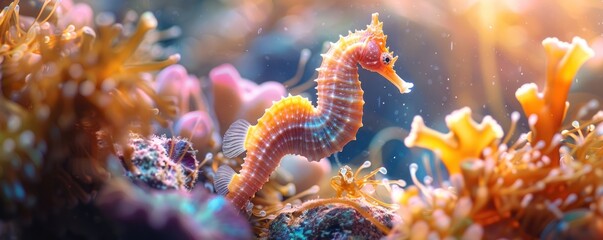 Poster - Enchanting Seahorses in the Underwater Realm: Exploring the Wonders of Marine Life. Amidst the Vibrant Coral Reefs and Turquoise Waters