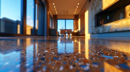 Wall Mural - Shiny brown epoxy flooring in a sunlit office corridor