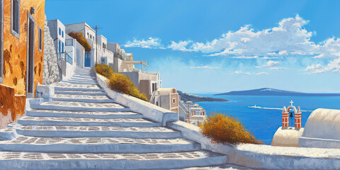 Painting of a greek town landscape, steps leading to the white and blue buildings on the island of santorini, mediterranean landscapes, blue sky, 