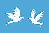 Fototapeta Pokój dzieciecy - two white doves on blue sky background, simple papercut vector