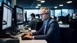 © javier - Newsroom editor working on breaking news fast-paced backdrop screens in focus