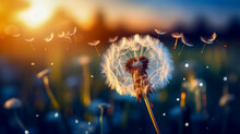 Fancy Fluffy White Dandelion With Seeds Flying In The Wind. Macro Shot Of Summer Nature Scene. Blurred Background Of Summer Meadow At Sunrise Or Sunset. Close-up. Copy Space.