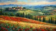 Panoramic Tuscany Landscape with Poppy Flowers - Horizontal Oil Painting with Impasto Technique