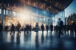 blurred business people walking at a trade fair, conference or walking in a modern hall