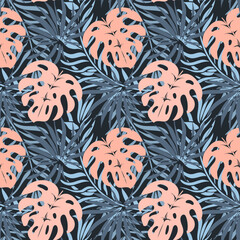 Wall Mural - Seamless pattern, jungle, colorful tropical leaves on a dark background. Print, background, textile, wallpaper, vector