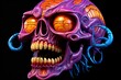 a purple and orange skull with yellow eyes