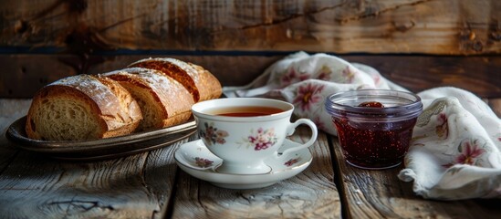 A loaf of bread is placed on a wooden table next to a cup of coffee. The scene shows a simple breakfast setup with bread and coffee.