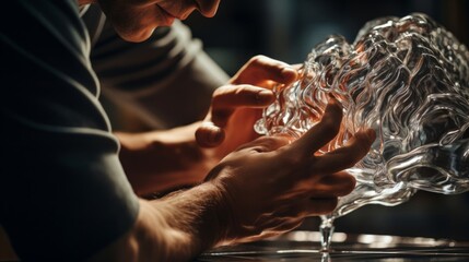 Poster - Detailed hands finish glass sculpture warm studio lighting on translucent glass