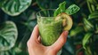 hand holding up a glass of green leafy tropical smoothie  
