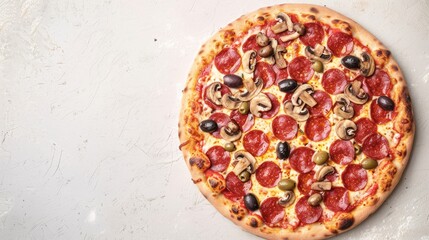 Wall Mural - Gourmet Pepperoni Mushroom Pizza on a Rustic Background