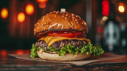 Closeup of tasty cheeseburger on wooden table in cafe