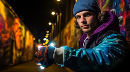 Poster - Graffiti artist at night with neon cans creating urban artwork