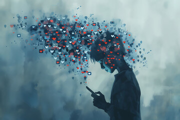 Cell phone addict, teenager addicted to mobile phone and social media, cellphone and screen display dependency of children, excess and addiction of technology