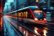 Dynamic capture of a city train in motion at night, showcasing artistic long exposure light streaks