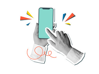 Black and white hands in a white shirt holding a phone with a empty screen. Illustration on transparent background in a modern collage style