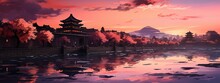 Sightseeing In The Forbidden City With Train Ticket, In The Style Of Pastel Dreamscapes, Dark Orange And Light Navy, Golden Light, Sunrays Shine Upon It, Light Turquoise And Purple