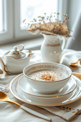 healthy breakfast bowl on bright vintage served table. Classical English breakfast with oatmeal. Vertical. Traditional English cuisine recipe, cafe menu