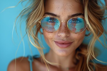 Close-up portrait of smiling woman with blue reflective sunglasses