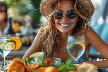 Cheerful woman with sunglasses laughing at a table with food and drinks