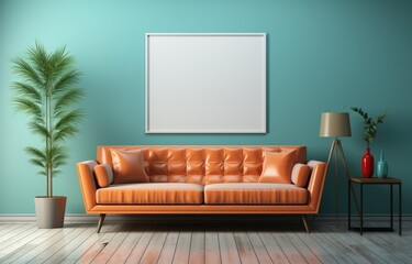 Mockup living room interior with colorful minimal sofa on empty color wall background