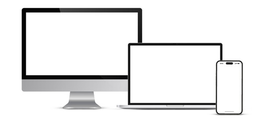 Leinwandbilder - 3d high quality realistic device mockup. Computer monitors, laptops, tablets and mobile phones. Electronic gadgets isolated on white background for ui ux, presentation, mobile apps
