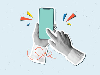 Black and white hands in a white shirt holding a phone with a empty screen. Vector illustration in a modern collage style