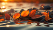 Closeup autumn leaves on water.