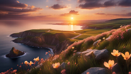 Wall Mural - Spring ocean coast at sunset.