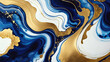 Abstract dark blue and gold marble alcohol ink background.