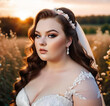 Outdoor portrait of a beautiful young plus size bride at sunset.