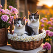 Cute little kittens sitting in a basket at sunset. Outdoor portrait.