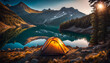 Tent by the lake in the mountains