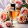 Elegant, fancy perfume bottle among delicate roses.