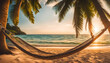 Secluded beach with a hammock under palm trees at sunset.